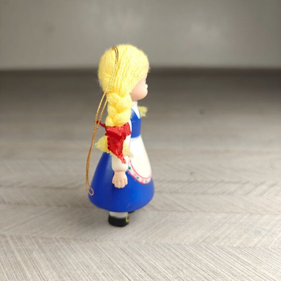 Vintage Swiss Miss Girl Ornament 3 Inches With Blonde Braids & Red Bows - Picture 4 of 6